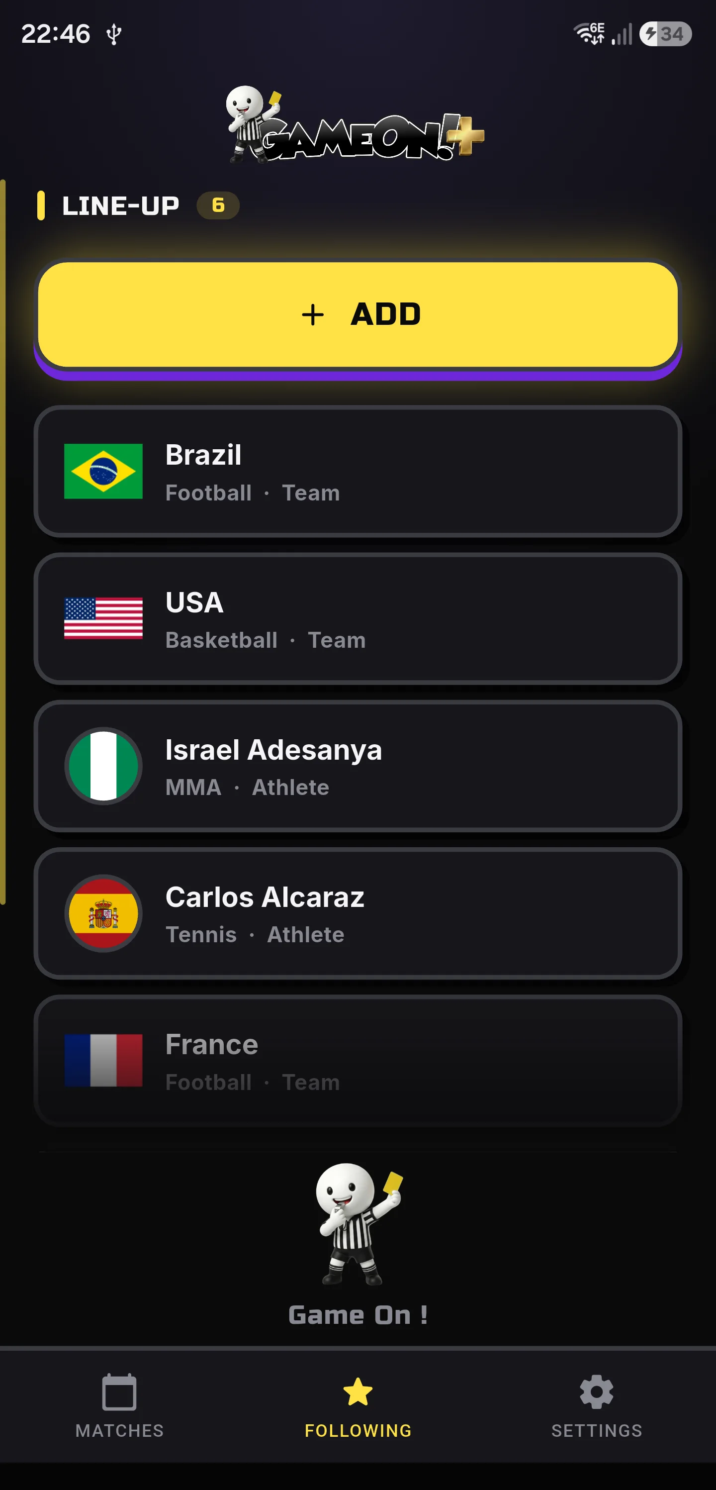 GameOn line-up: football, basketball, MMA, tennis teams followed in one app