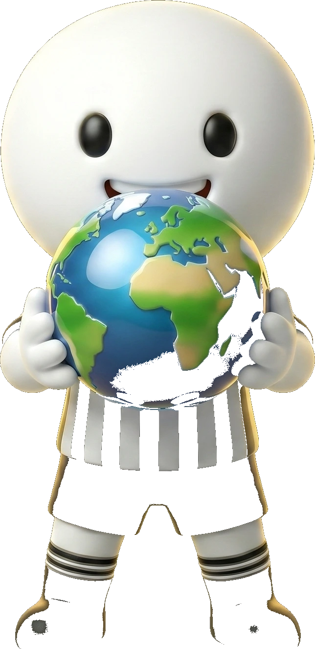 GameOn referee mascot holding the world